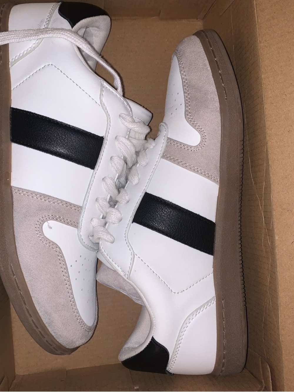 Target White Sneakers with Black Stripe and Tan Sole Accents
